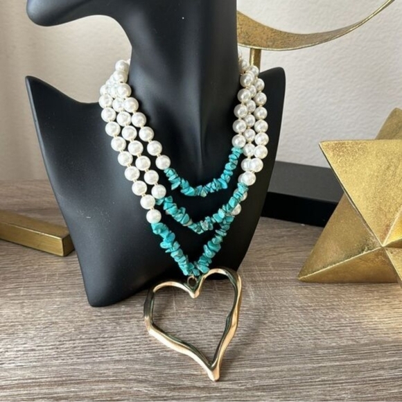 Heart Necklace Gold Pendant Turquoise and Pearl Strands - Picture 14 of 15